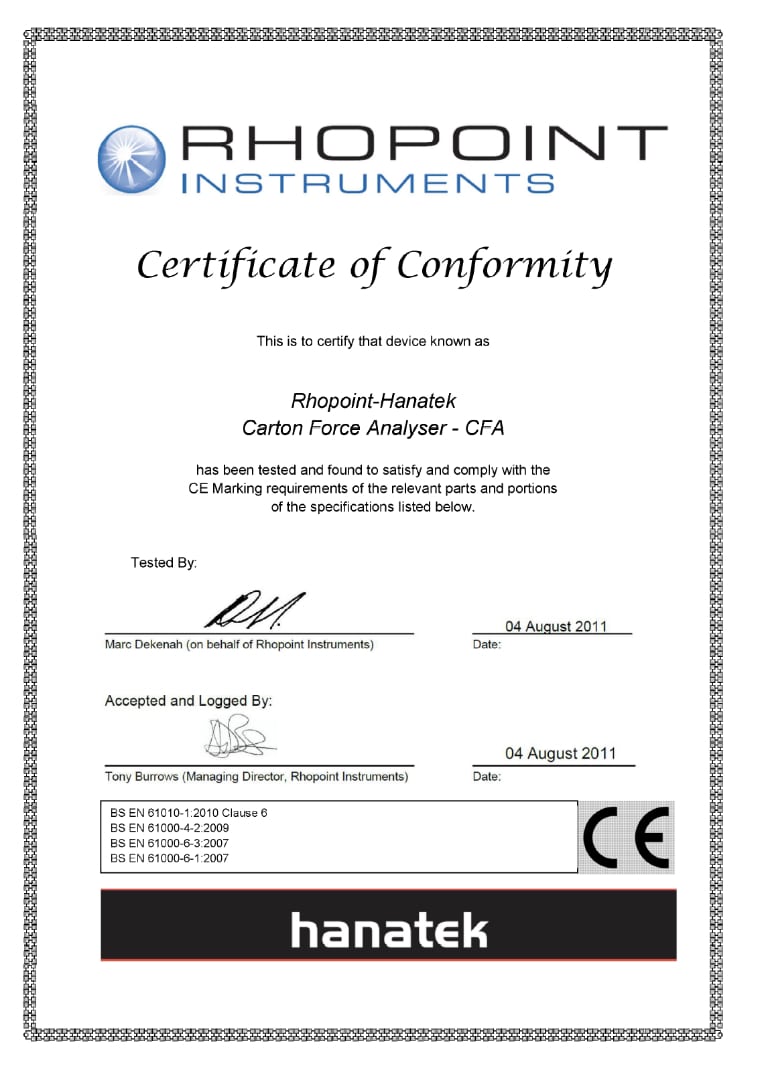 CFA certificate of conformity