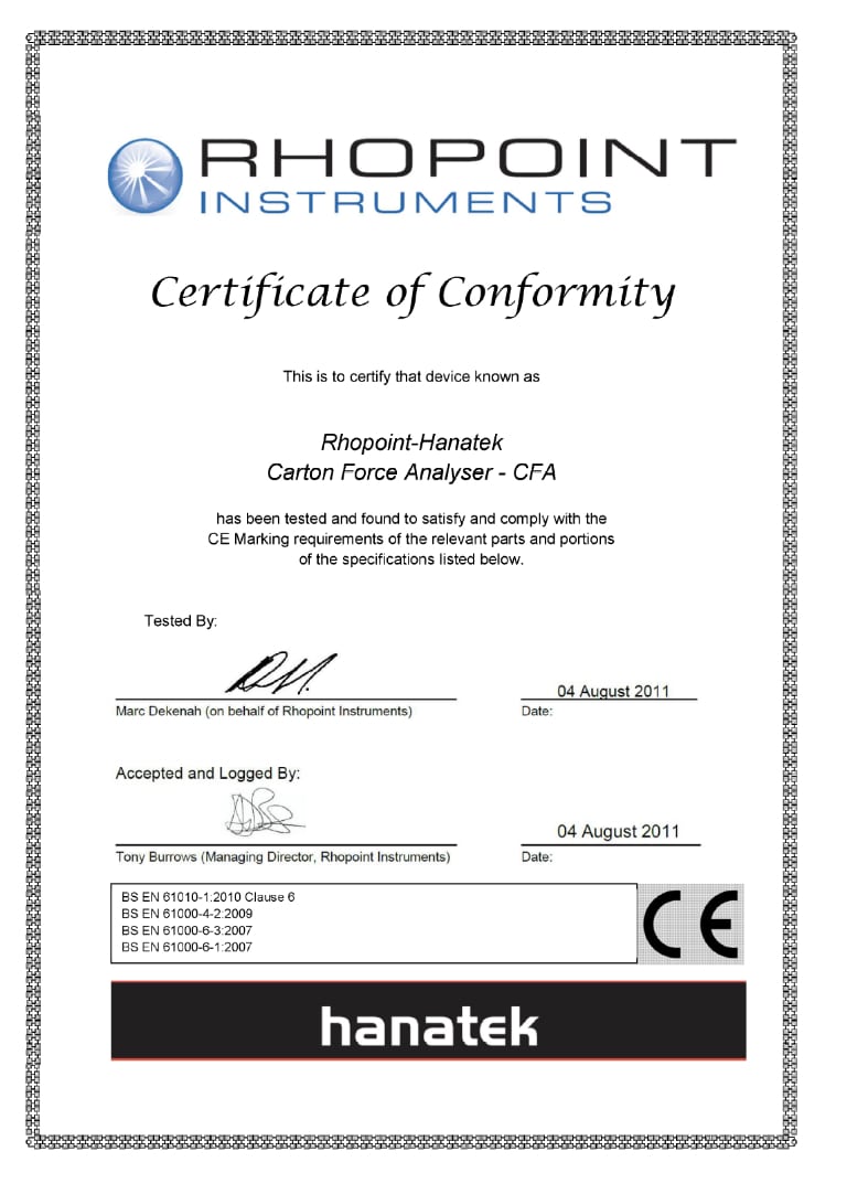 CFA certificate of conformity
