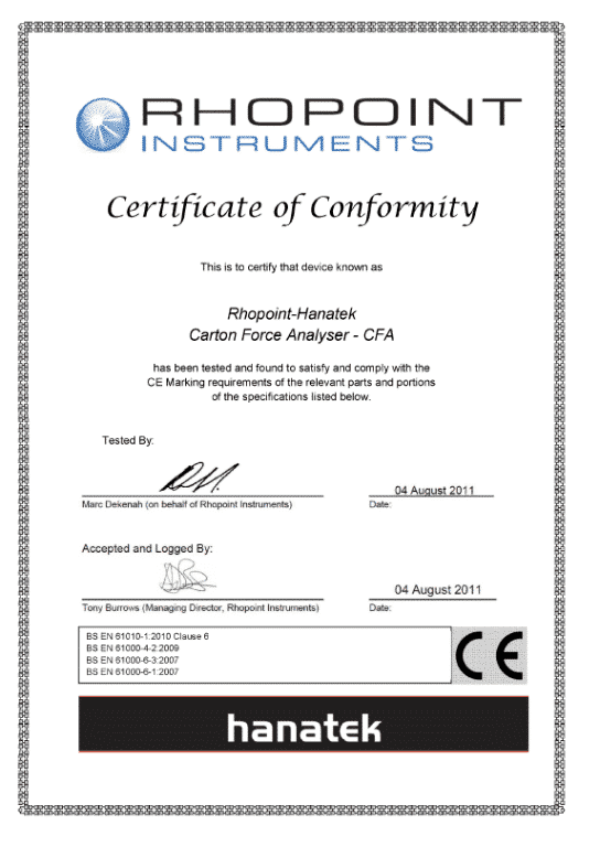 CFA Certificate of conformity